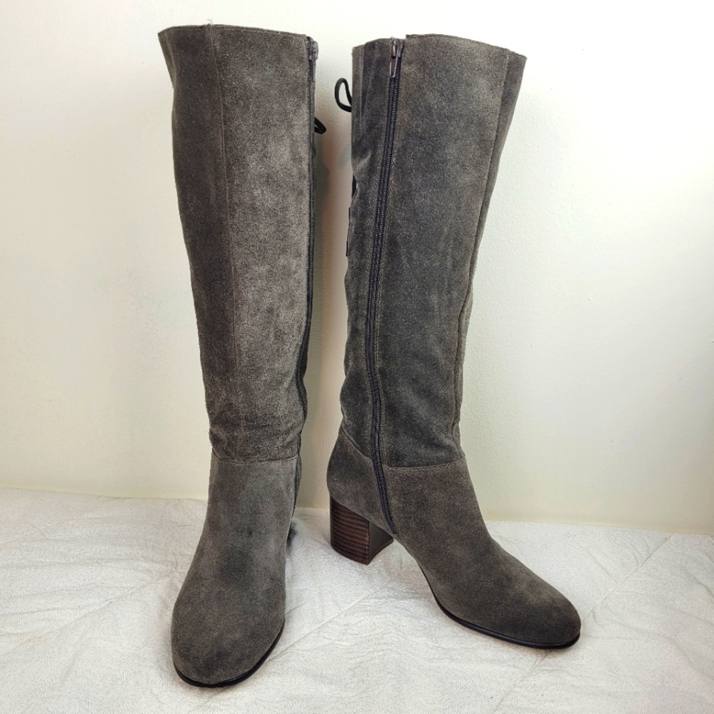 Land's End gray suede tall boots block heel back bow tie tassels boho office 8